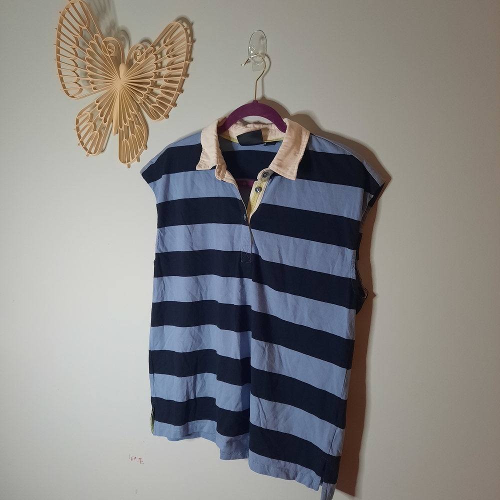 Anthropologie Maeve Sz M, Blue and Navy Striped,‎ White Collar, Sleeveless, Top